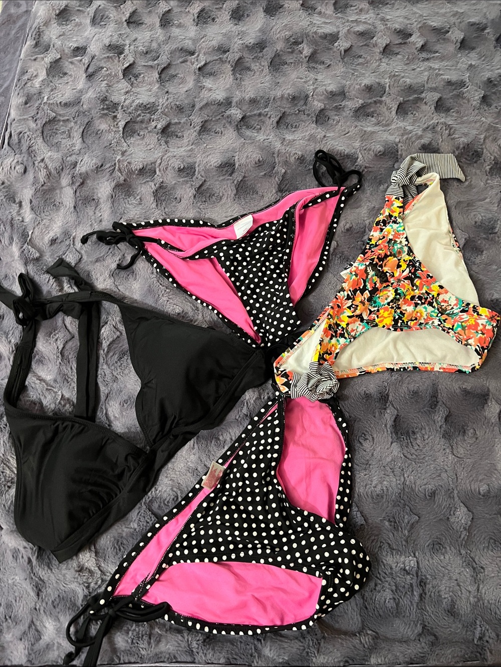 Massimo xl top, xhilaration polka dot bottoms M & L, floral Roxy bottoms in L